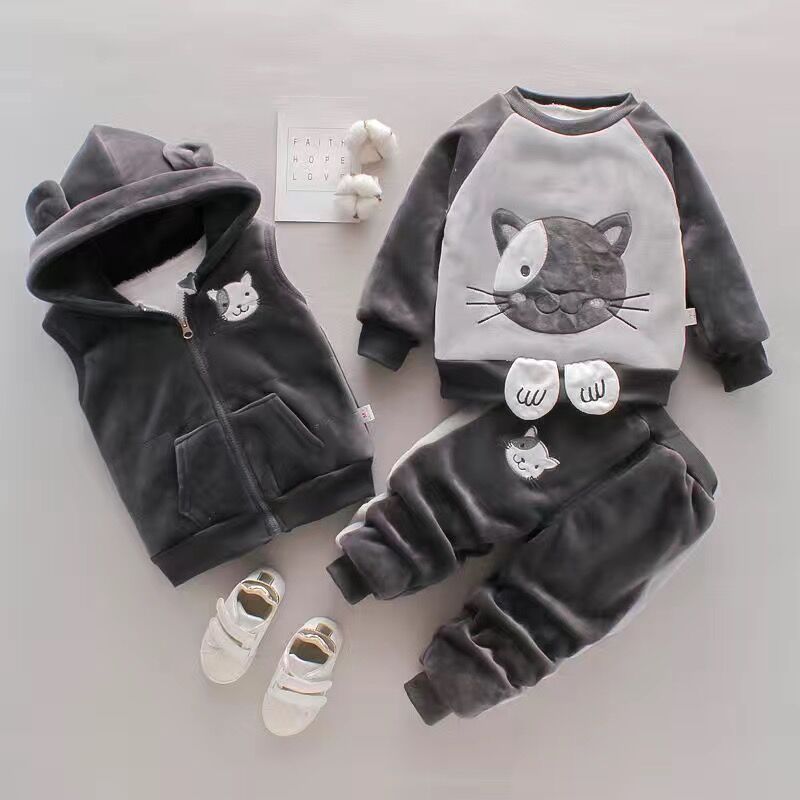 Baby Girls Clothing Set Autumn Winter Velvet Thick Warm Casual Hooded Sweater Cartoon Elephant 3Pcs Toddler Boys Clothes Suit