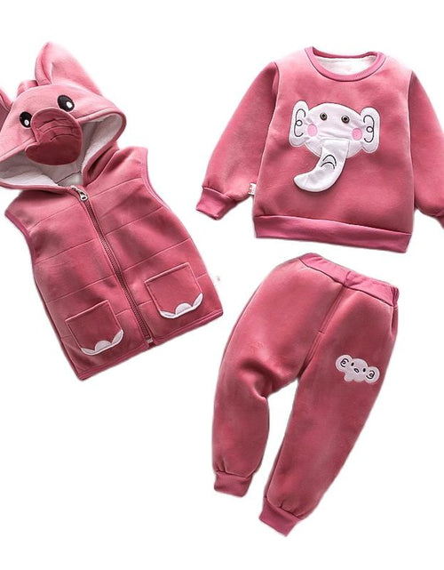 Load image into Gallery viewer, Baby Girls Clothing Set Autumn Winter Velvet Thick Warm Casual Hooded Sweater Cartoon Elephant 3Pcs Toddler Boys Clothes Suit
