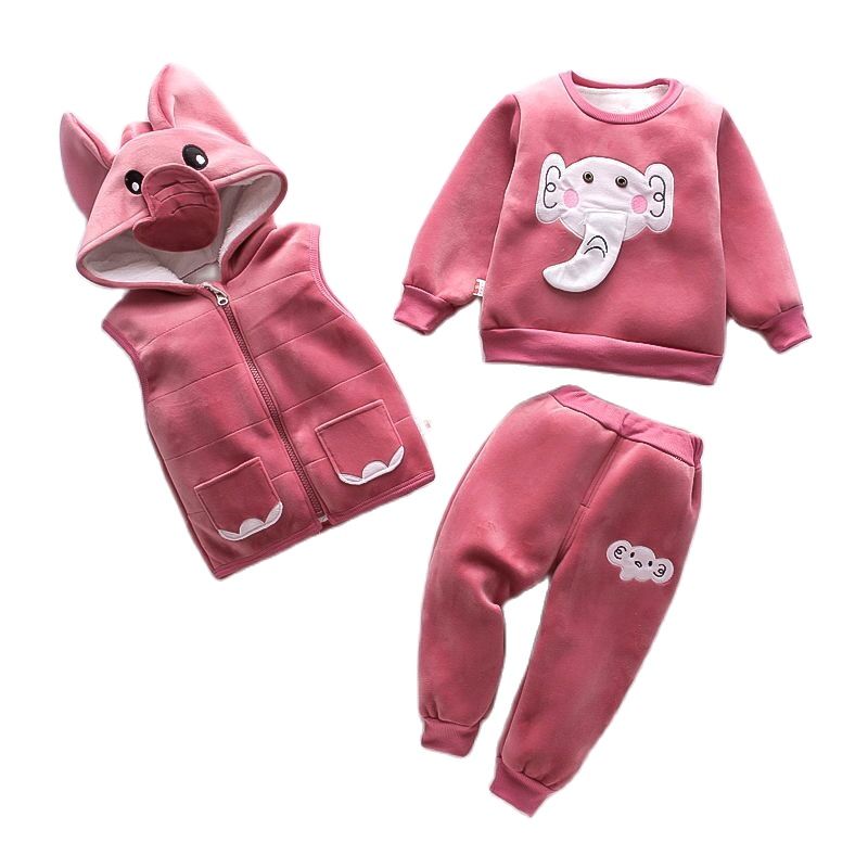 Baby Girls Clothing Set Autumn Winter Velvet Thick Warm Casual Hooded Sweater Cartoon Elephant 3Pcs Toddler Boys Clothes Suit