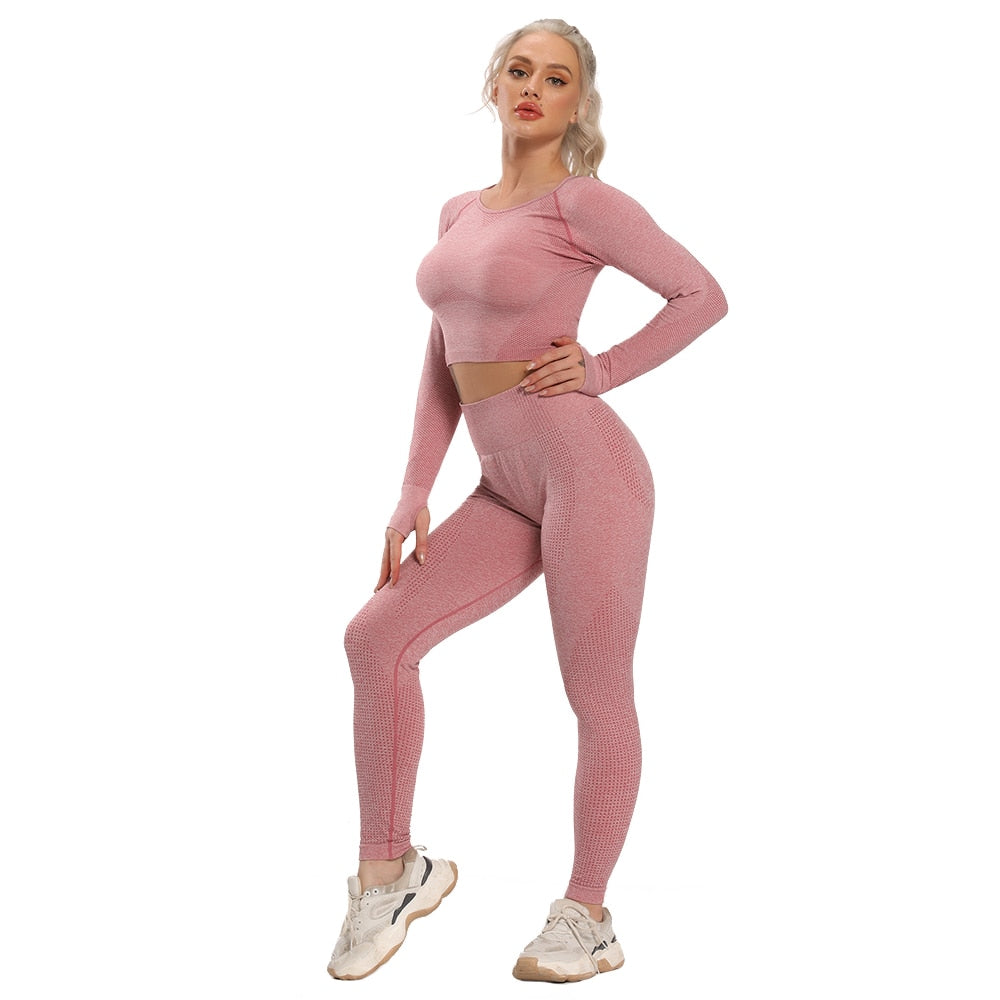 Seamless Yoga Set Fitness Women&#39;s Tracksuit Female Long Sleeve Crop Top High Waist Sports Leggings Workout Suits Gym Sportswear