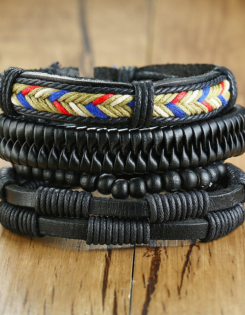 Load image into Gallery viewer, 4Pcs/ Set Braided Wrap Leather Bracelets for Men Vintage Life Tree Rudder Charm Wood Beads Ethnic Tribal Wristbands
