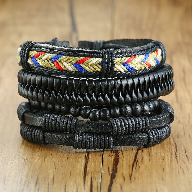 4Pcs/ Set Braided Wrap Leather Bracelets for Men Vintage Life Tree Rudder Charm Wood Beads Ethnic Tribal Wristbands