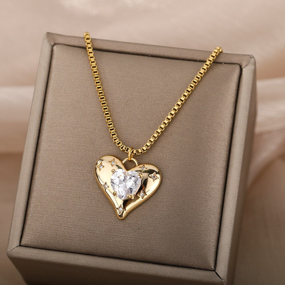 Heart Zircon Necklace for Women Stainless Steel Gold  Color Necklaces 2022 Trend Koeran Fashion Couple Jewelry collar