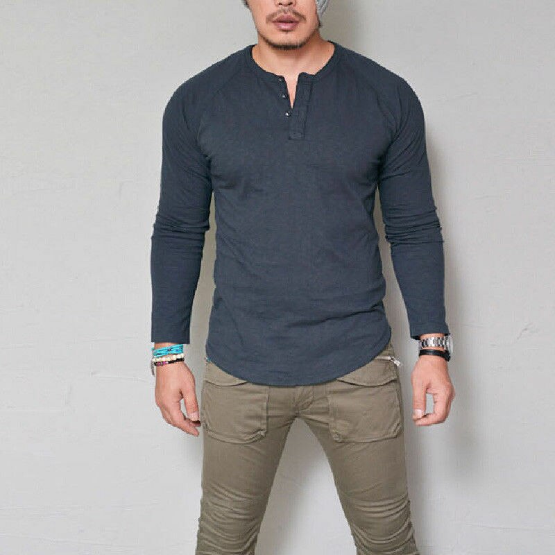 Summer Men&#39;s Slim Fit V neck Short T-shirts Casual Tops Solid Long Sleeve Muscle Tee Daily wear Tops