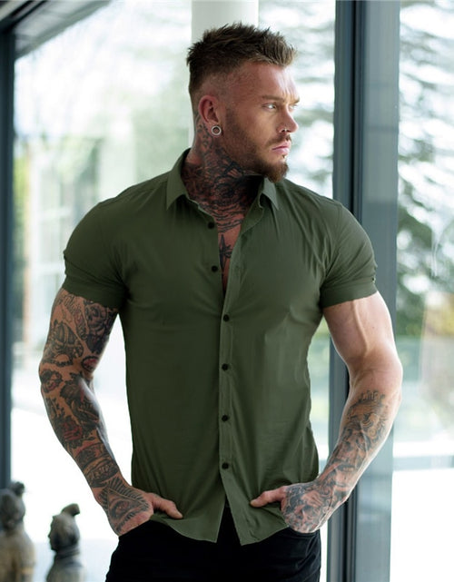 Load image into Gallery viewer, Summer Fashion Short Sleeve Shirt Men Super Slim Fit Male Casual Social Business Dress Shirt Brand Men Fitness Sports Clothing
