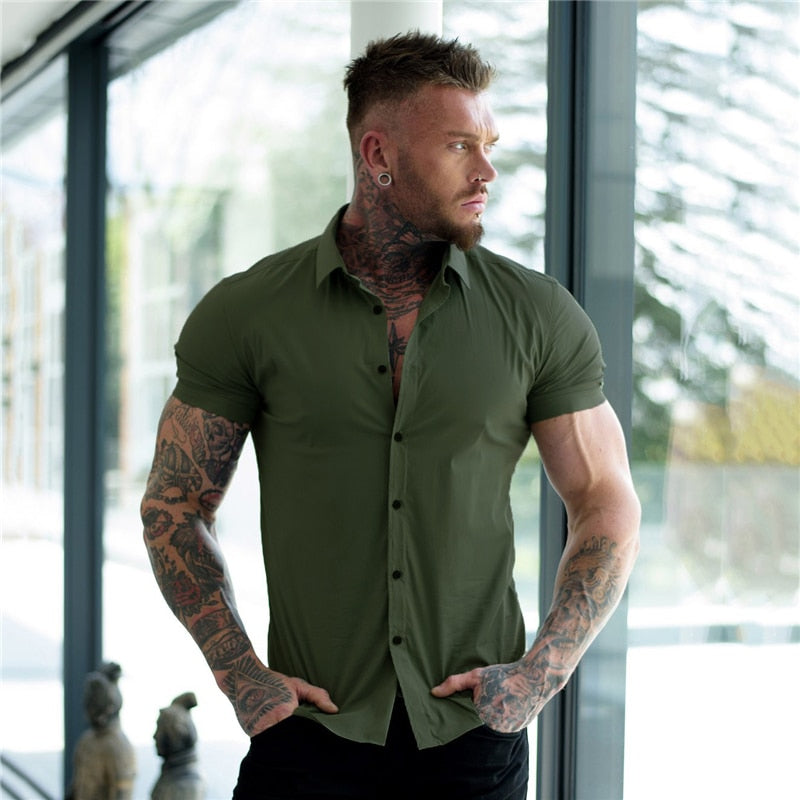 Summer Fashion Short Sleeve Shirt Men Super Slim Fit Male Casual Social Business Dress Shirt Brand Men Fitness Sports Clothing