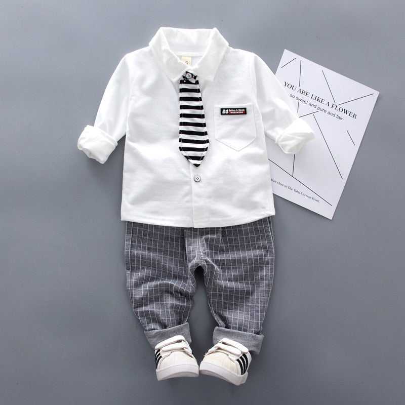 Boys Solid Clothing Sets Spring Autumn Baby Cotton Long-Sleeve Tie Shirt Pants 2pcs Outfits Kids Elegant Gentleman Suit 1-4Y