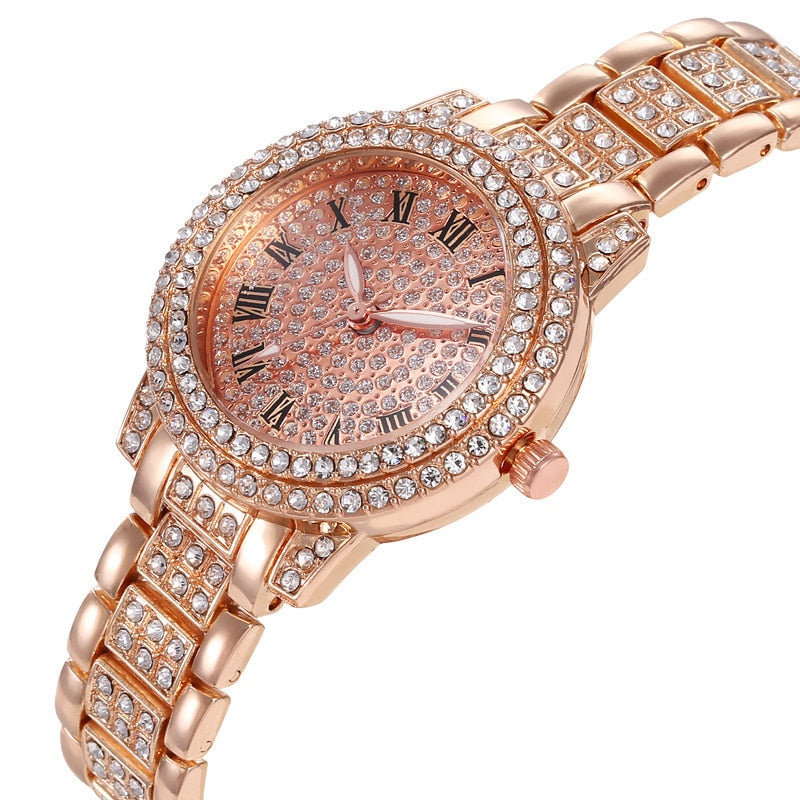 Hot Fashion Women Luxury Diamond Watches Bracelet Ladies Quartz Watch Rose Gold Womens Wristwatch Shiny Crystal Reloj Mujer