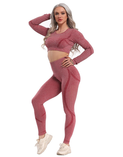 Load image into Gallery viewer, Yoga Set Seamless Sportswear Gym Sports Suits Woman Fitness High Waist Leggings Push Up Leggins Long Sleeve Workout Tops
