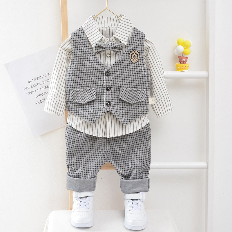 Children Kids Gentleman Clothing Suit Birthday Wedding Party Elegant Set Baby Boy Casual Wear Striped Shirt Vest Pants Costume