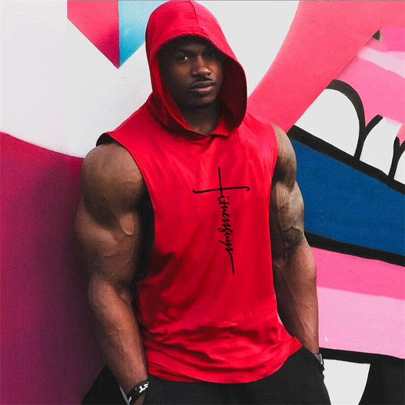 Muscle Fitness Guys Gym Clothing Mens Bodybuilding Hooded Tank Top Men Cotton Sleeveless T Shirt Running Vest Workout Sportswear