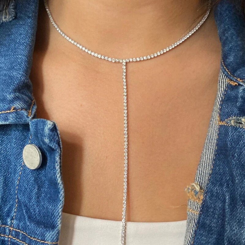 Y Shape Choker with Rhinestones Long Necklace for Women Single Layer Chain Tassel Choker Necklace Collar Body Jewelry