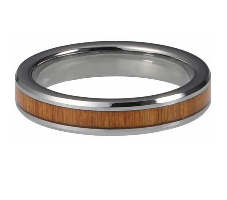 4mm Tungsten Carbide Ring Vintage Koa Wood Inlay For Women Men Wedding Band Jewelry Gift Beveled Edges High Polished Comfort Fit