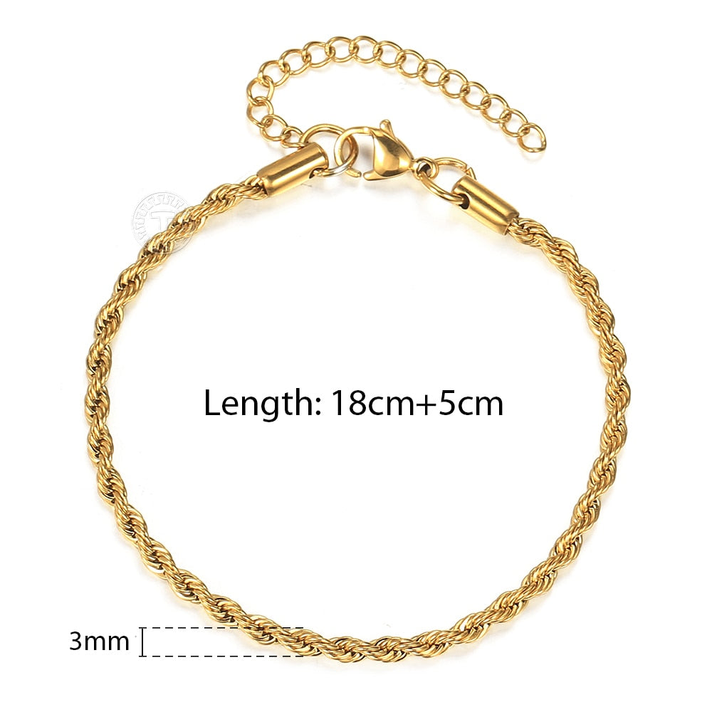 2/3/4/5mm Stainless Steel Twisted Rope Chain Bracelets for Women Men Fashion Punk Bangle Length Adjustable 18cm+5cm