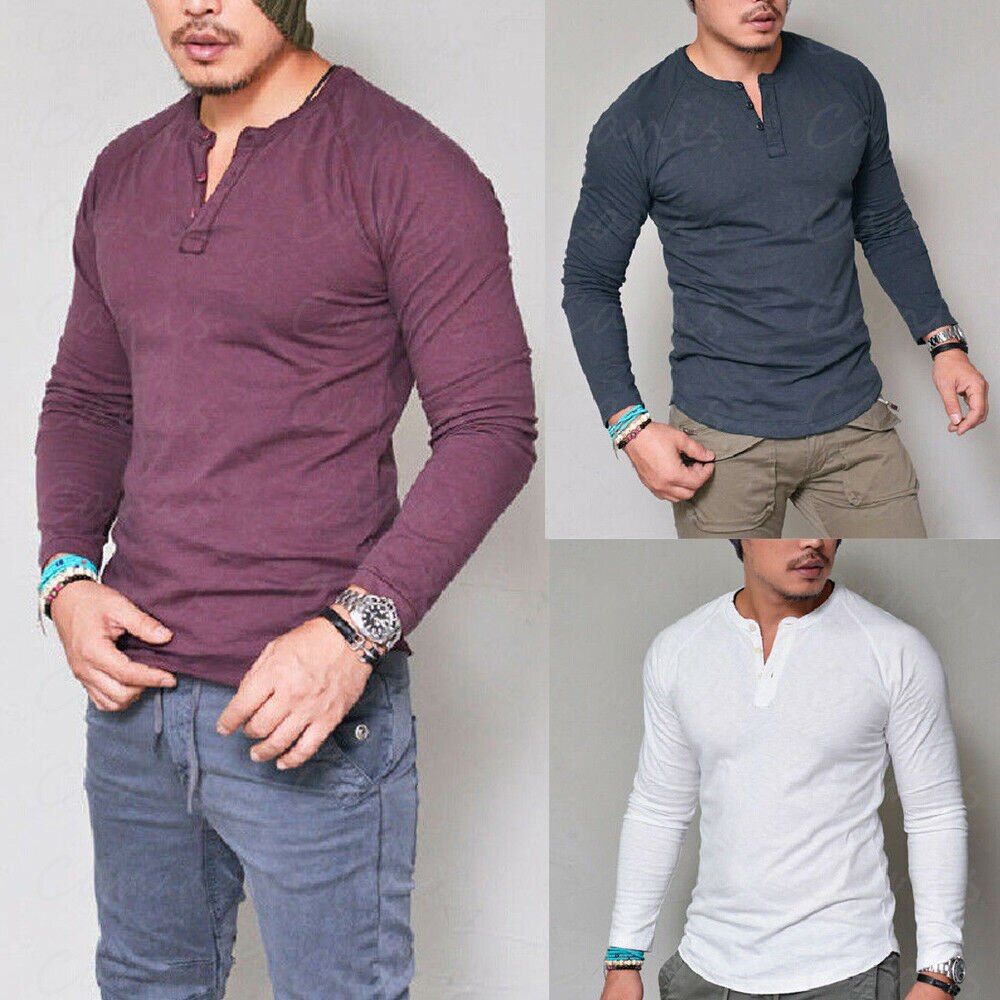 Summer Men&#39;s Slim Fit V neck Short T-shirts Casual Tops Solid Long Sleeve Muscle Tee Daily wear Tops