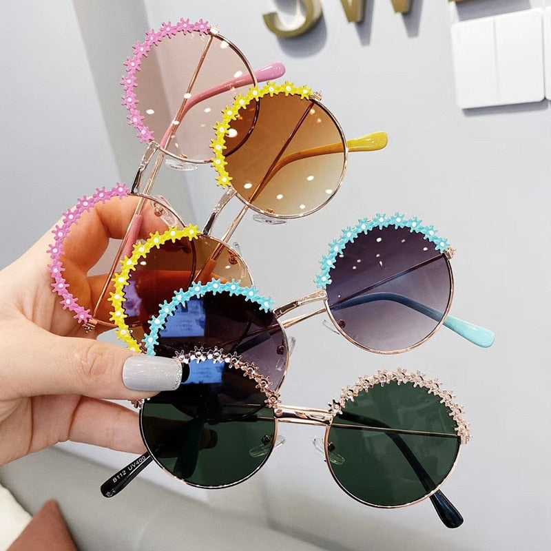 Round kids sunglasses Flower Baby Children Shades Sun Glasses Girls Cute Half Frame Metal Eywear UV400