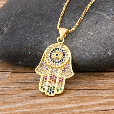 Load image into Gallery viewer, Hot Sale Women Men Hamsa Hand Necklace Gold Color Copper Zircon Evil Eye Pendant &amp; Chain Hip Hop Turkish Luck Jewelry
