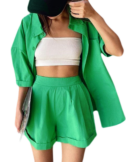 Load image into Gallery viewer, New Casual Summer Tracksuit Female Two Piece Set Solid Color Turn-Down Collar Short Sleeve Shirt Tops And Loose Mini Shorts Suit
