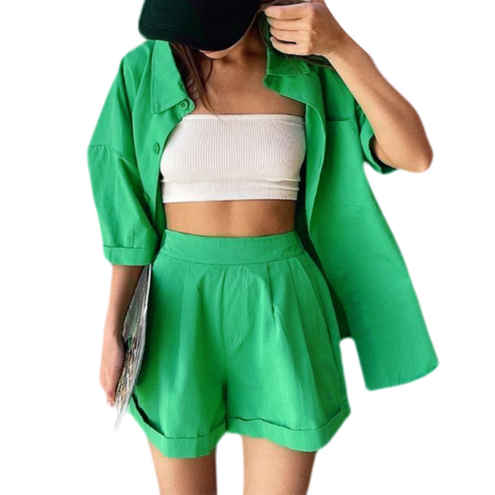 New Casual Summer Tracksuit Female Two Piece Set Solid Color Turn-Down Collar Short Sleeve Shirt Tops And Loose Mini Shorts Suit