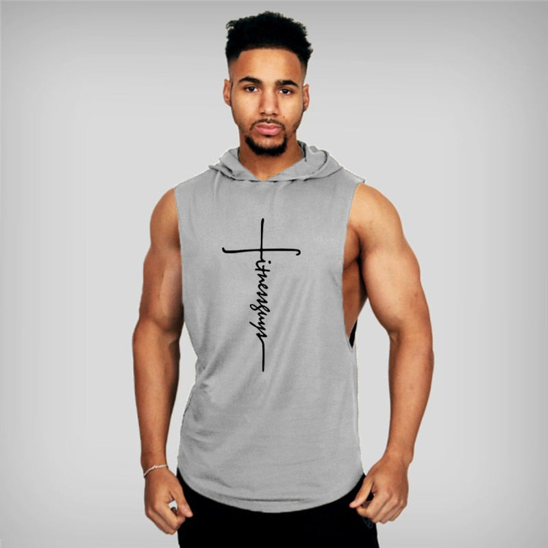 Muscle Fitness Guys Gym Clothing Mens Bodybuilding Hooded Tank Top Men Cotton Sleeveless T Shirt Running Vest Workout Sportswear