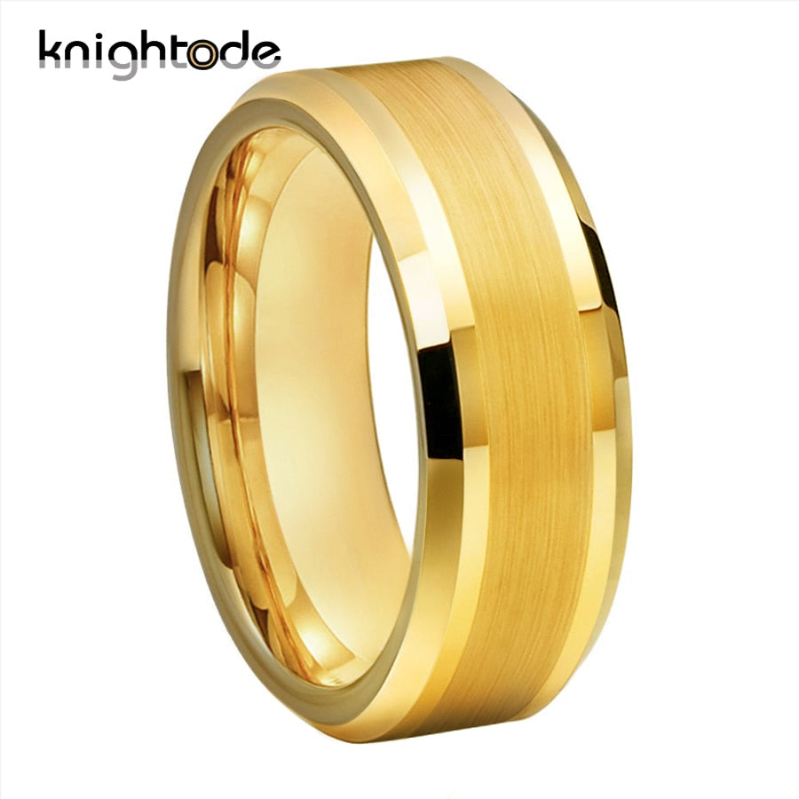 6mm 8mm Gold Tungsten Carbide Wedding Band For Men Women  Engagement Ring Center Brushed Beveled Edges Polished Comfort Fit