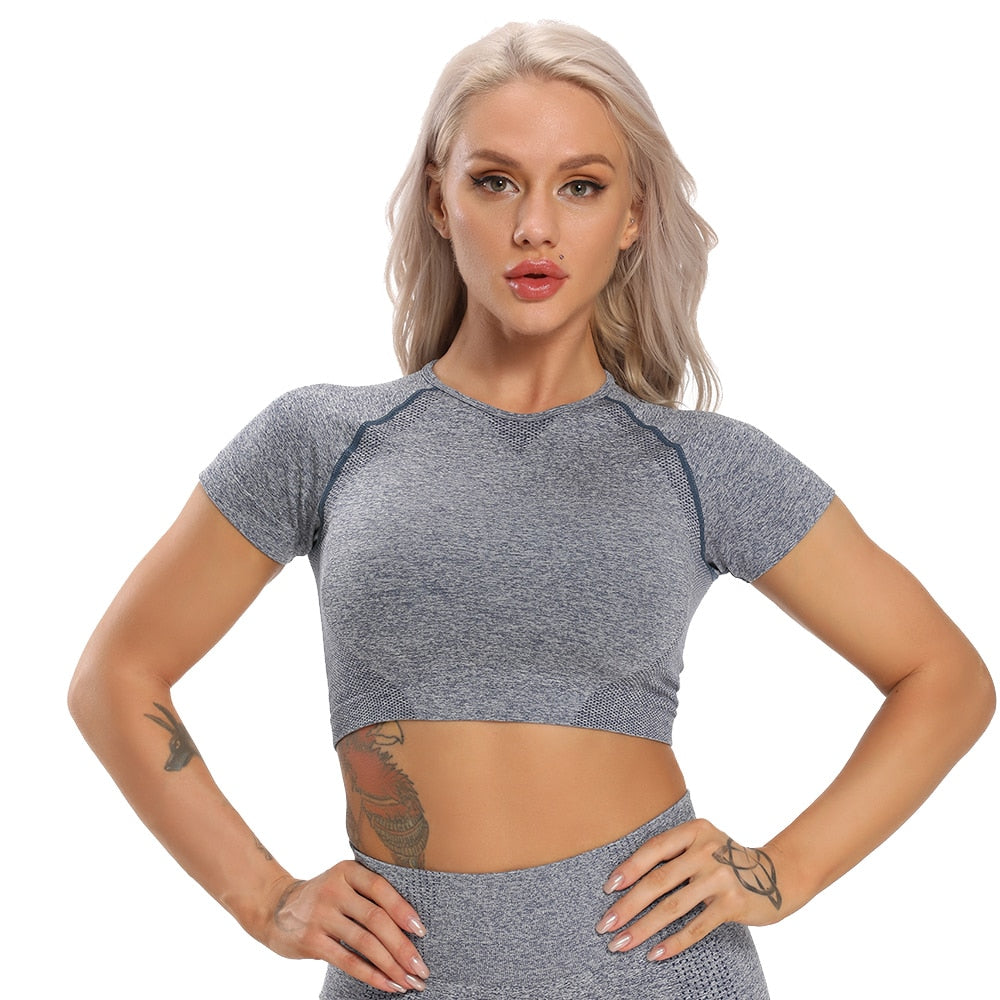 Seamless Yoga Tops Fitness Women Short Sleeve Crop Top Solid Sportswear Workout Yoga Shirt Gym Running Sports Cycling T-shirts