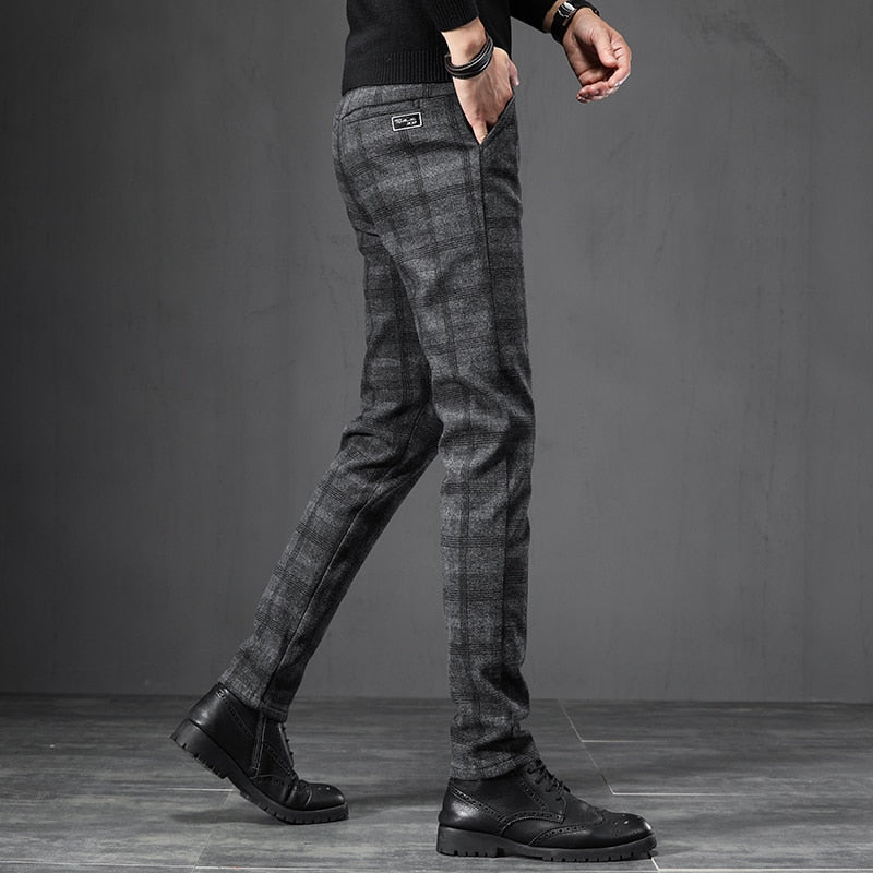 2023 Spring Autumn England Plaid Work Stretch Pants Men Cotton Business Fashion Slim Grey Blue Casual Pant Male Brand Trouser 38