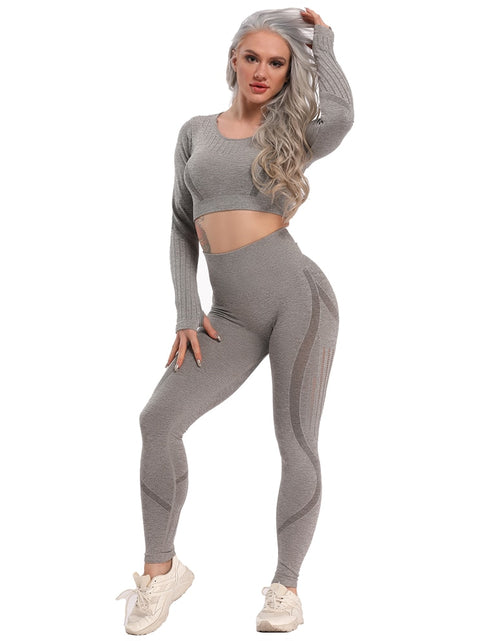 Load image into Gallery viewer, Yoga Set Seamless Sportswear Gym Sports Suits Woman Fitness High Waist Leggings Push Up Leggins Long Sleeve Workout Tops
