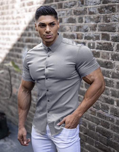 Load image into Gallery viewer, Summer Fashion Short Sleeve Shirt Men Super Slim Fit Male Casual Social Business Dress Shirt Brand Men Fitness Sports Clothing
