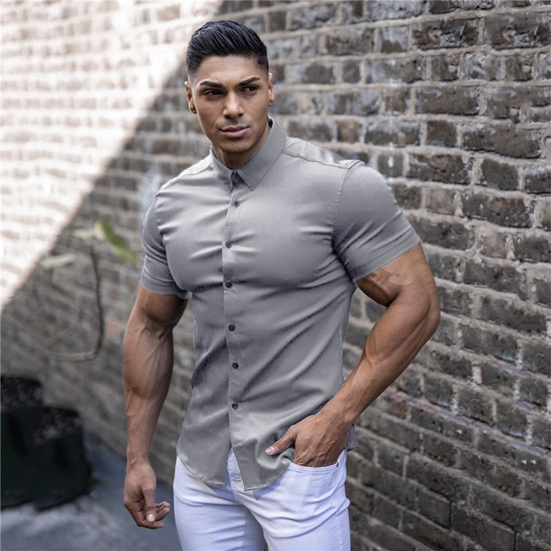 Summer Fashion Short Sleeve Shirt Men Super Slim Fit Male Casual Social Business Dress Shirt Brand Men Fitness Sports Clothing