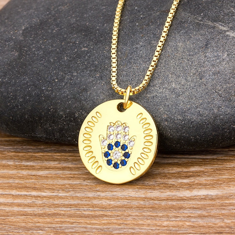 Hot Sale Women Men Hamsa Hand Necklace Gold Color Copper Zircon Evil Eye Pendant &amp; Chain Hip Hop Turkish Luck Jewelry