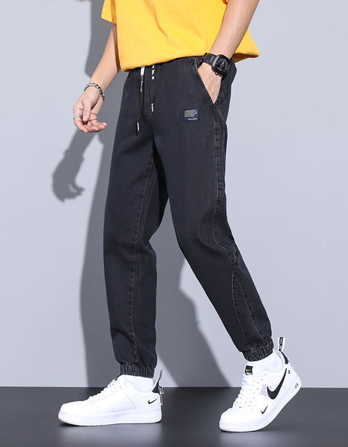 Load image into Gallery viewer, 2022 Spring Summer Loose Men&#39;s Jeans Text Embroidery Baggy Elastic Waist Harlan Cargo Jogger Trousers Male Grey Large Size M-8XL
