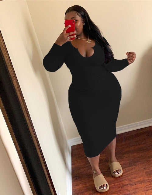 Load image into Gallery viewer, Plus Size Women Clothing O-Neck Solid Midi Dress Bodycon Sexy Fall Elegant Long Sleeve Dresses Party Wholesale Dropshipping
