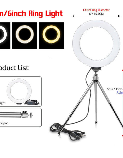 Load image into Gallery viewer, 16cm 6 inch Ring Light With Tripod Stand Usb Charge Selfie Led Lamp Dimmable Photography Light For Photo Photography Studio
