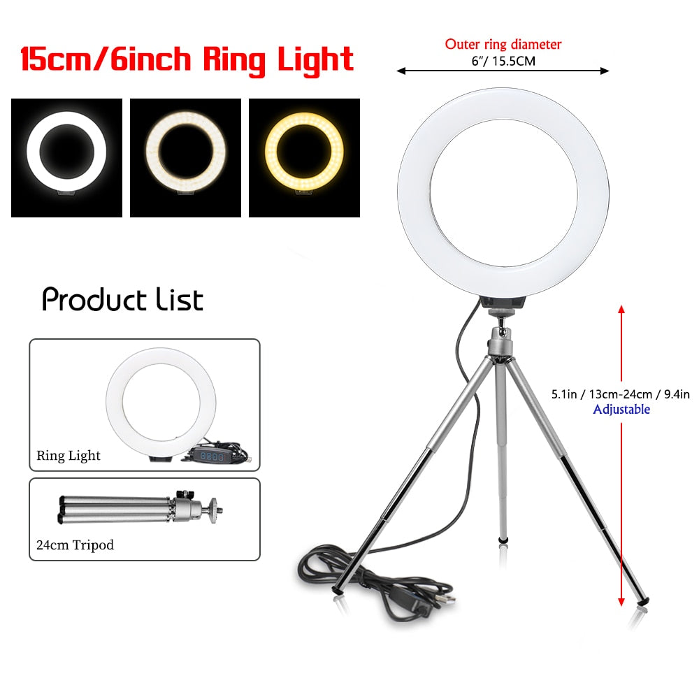 16cm 6 inch Ring Light With Tripod Stand Usb Charge Selfie Led Lamp Dimmable Photography Light For Photo Photography Studio