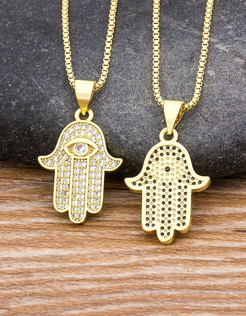 Load image into Gallery viewer, Hot Sale Women Men Hamsa Hand Necklace Gold Color Copper Zircon Evil Eye Pendant &amp; Chain Hip Hop Turkish Luck Jewelry
