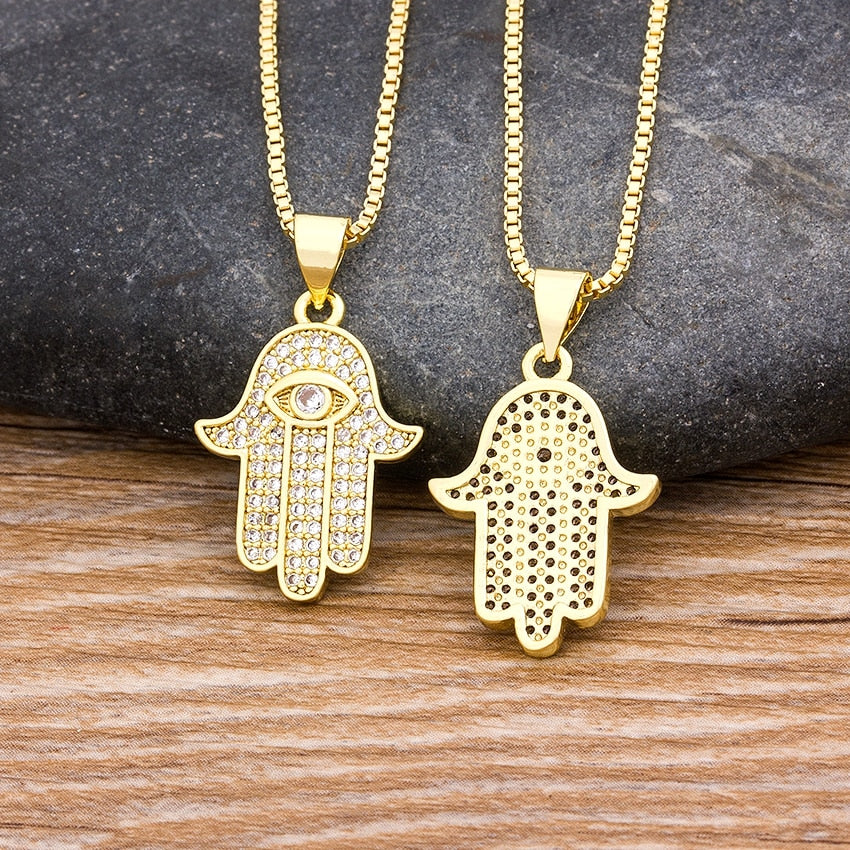 Hot Sale Women Men Hamsa Hand Necklace Gold Color Copper Zircon Evil Eye Pendant &amp; Chain Hip Hop Turkish Luck Jewelry