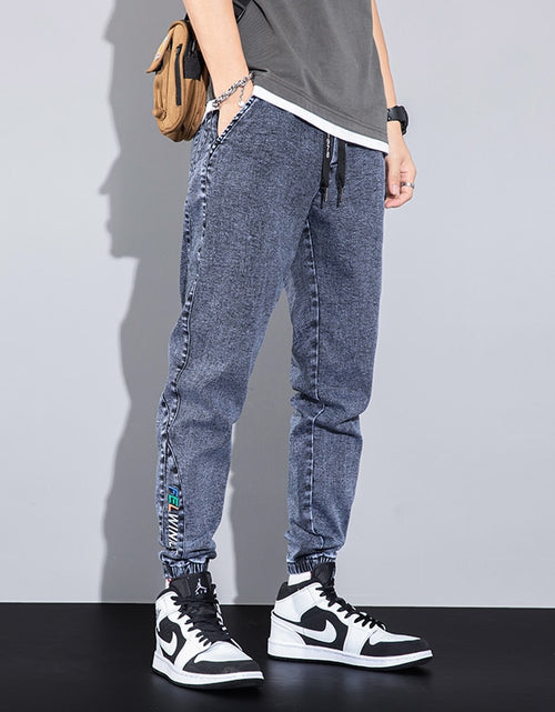 Load image into Gallery viewer, 2022 Spring Summer Loose Men&#39;s Jeans Text Embroidery Baggy Elastic Waist Harlan Cargo Jogger Trousers Male Grey Large Size M-8XL
