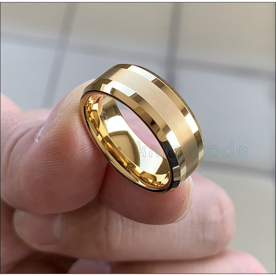 6mm 8mm Gold Tungsten Carbide Wedding Band For Men Women  Engagement Ring Center Brushed Beveled Edges Polished Comfort Fit