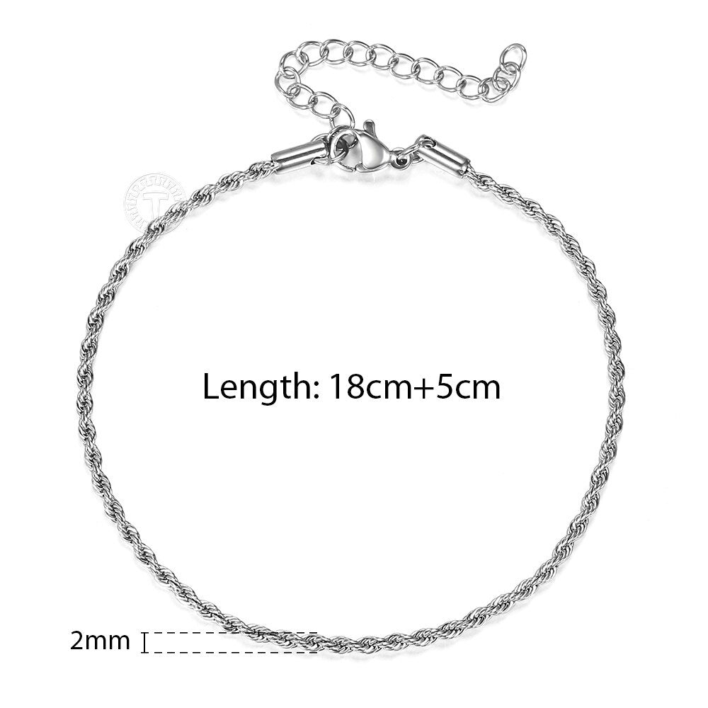 2/3/4/5mm Stainless Steel Twisted Rope Chain Bracelets for Women Men Fashion Punk Bangle Length Adjustable 18cm+5cm