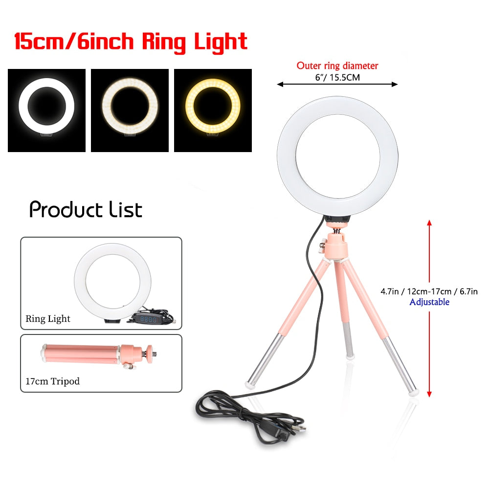 16cm 6 inch Ring Light With Tripod Stand Usb Charge Selfie Led Lamp Dimmable Photography Light For Photo Photography Studio