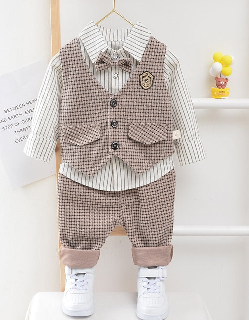 Load image into Gallery viewer, Children Kids Gentleman Clothing Suit Birthday Wedding Party Elegant Set Baby Boy Casual Wear Striped Shirt Vest Pants Costume
