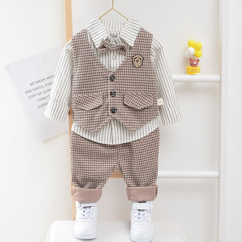 Children Kids Gentleman Clothing Suit Birthday Wedding Party Elegant Set Baby Boy Casual Wear Striped Shirt Vest Pants Costume