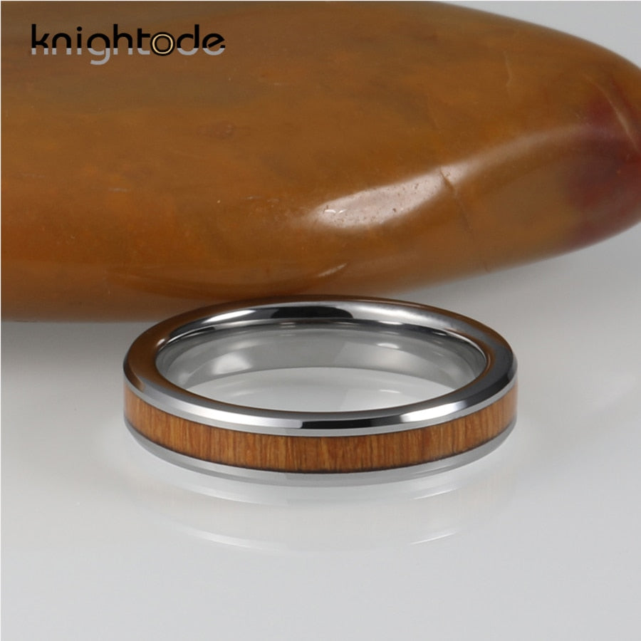 4mm Tungsten Carbide Ring Vintage Koa Wood Inlay For Women Men Wedding Band Jewelry Gift Beveled Edges High Polished Comfort Fit