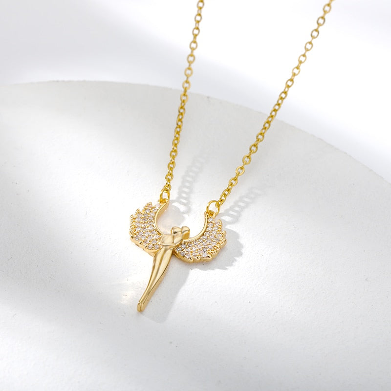 Wing Angel Necklaces Stainless Steel Gold Color CZ Necklace For Women Wedding Band Choker Cubic Zirconia Jewelry Bride Gift