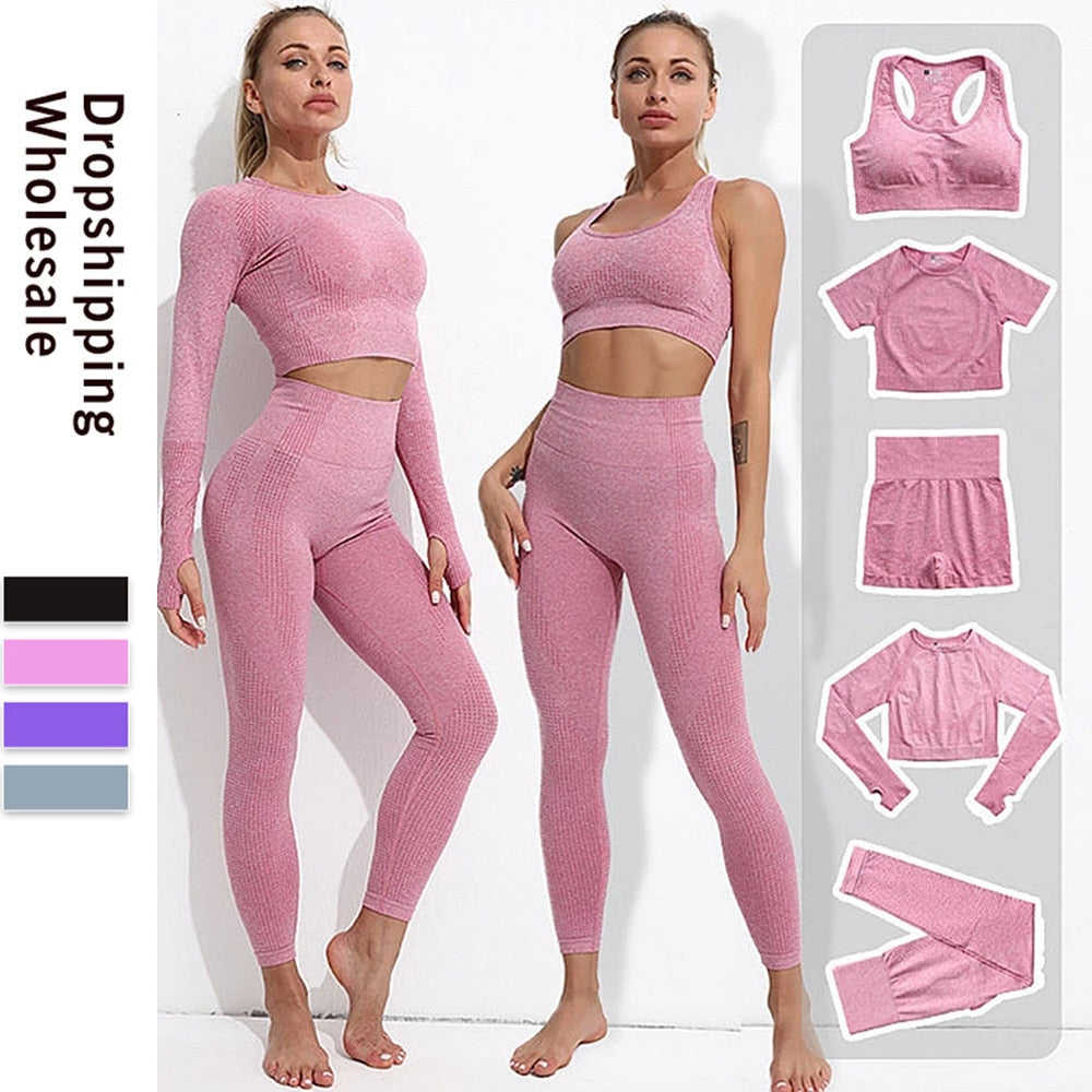 Seamless Yoga Set Fitness Women&#39;s Tracksuit Female Long Sleeve Crop Top High Waist Sports Leggings Workout Suits Gym Sportswear