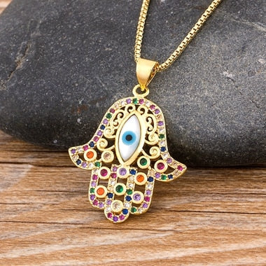 Load image into Gallery viewer, Hot Sale Women Men Hamsa Hand Necklace Gold Color Copper Zircon Evil Eye Pendant &amp; Chain Hip Hop Turkish Luck Jewelry
