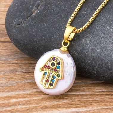 Load image into Gallery viewer, Hot Sale Women Men Hamsa Hand Necklace Gold Color Copper Zircon Evil Eye Pendant &amp; Chain Hip Hop Turkish Luck Jewelry
