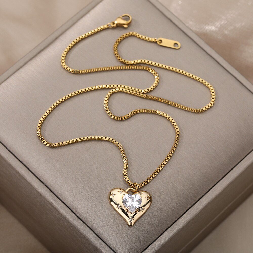 Heart Zircon Necklace for Women Stainless Steel Gold  Color Necklaces 2022 Trend Koeran Fashion Couple Jewelry collar