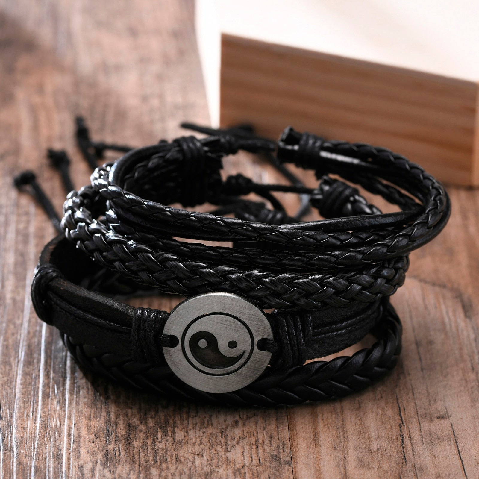 4Pcs/ Set Braided Wrap Leather Bracelets for Men Vintage Life Tree Rudder Charm Wood Beads Ethnic Tribal Wristbands